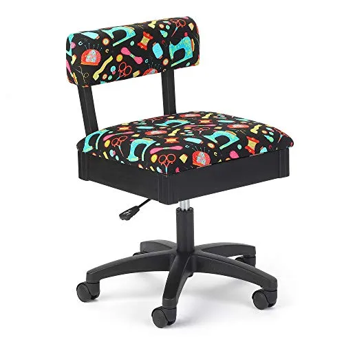 Arrow H7013B Adjustable Height Hydraulic Sewing and Craft Chair with Under Seat Storage and Printed Fabric by Riley Black, Black Notions Upholstery