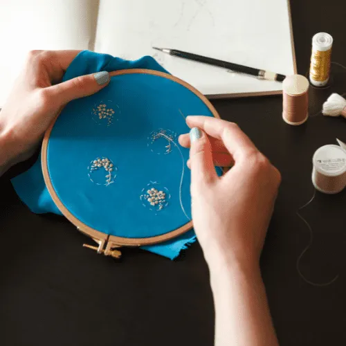 Step-by-step demonstration of placing fabric in an embroidery hoop